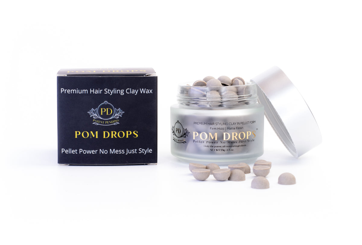 Jar of POM DROPS with the product box;  Pellets on the white background -- showing off the pellet feature 