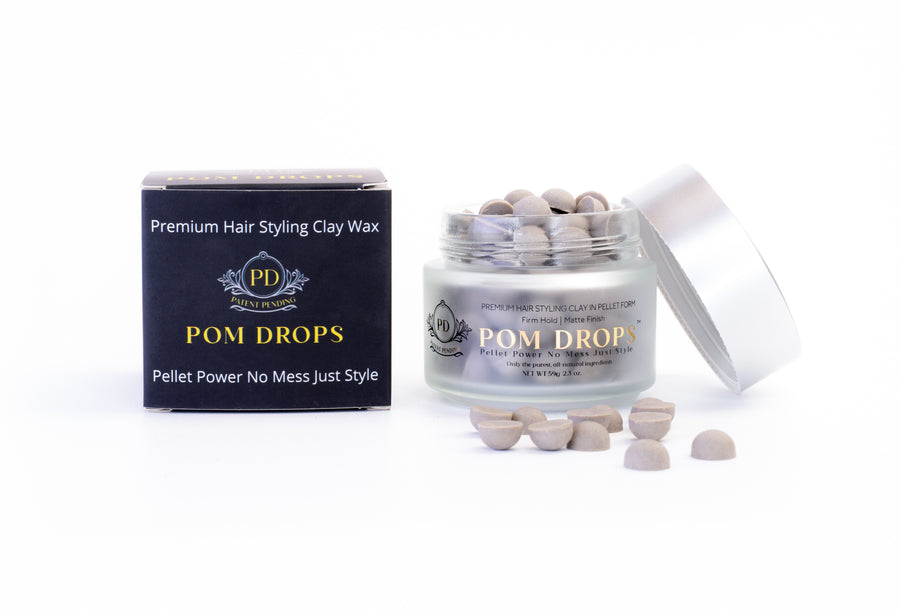Jar of POM DROPS with the product box;  Pellets on the white background -- showing off the pellet feature 