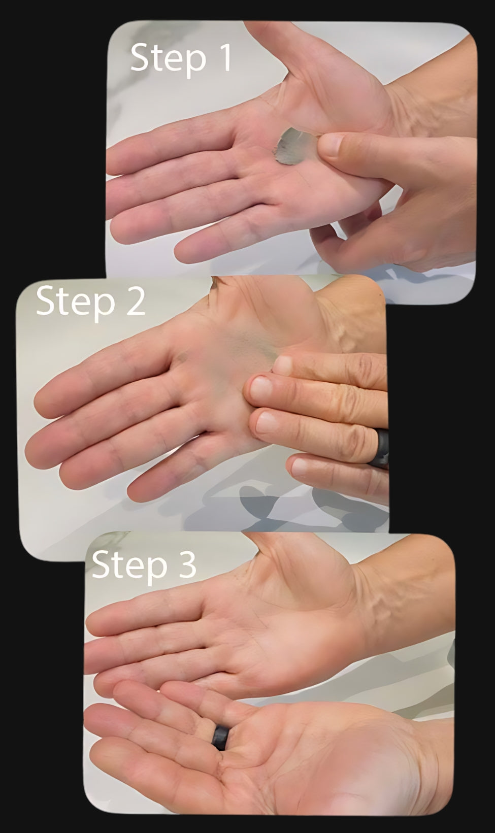 Demonstration of using hair styling clay pellets showing step-by-step warming and application on hand